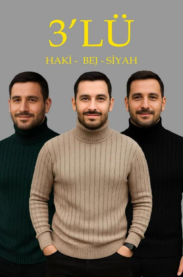 Fitilli Triko Kazak 3lü Set Bej Haki Siyah Regular Balıkcı Yaka Tam Boğazlı Triko Seti Modeli Kazak
