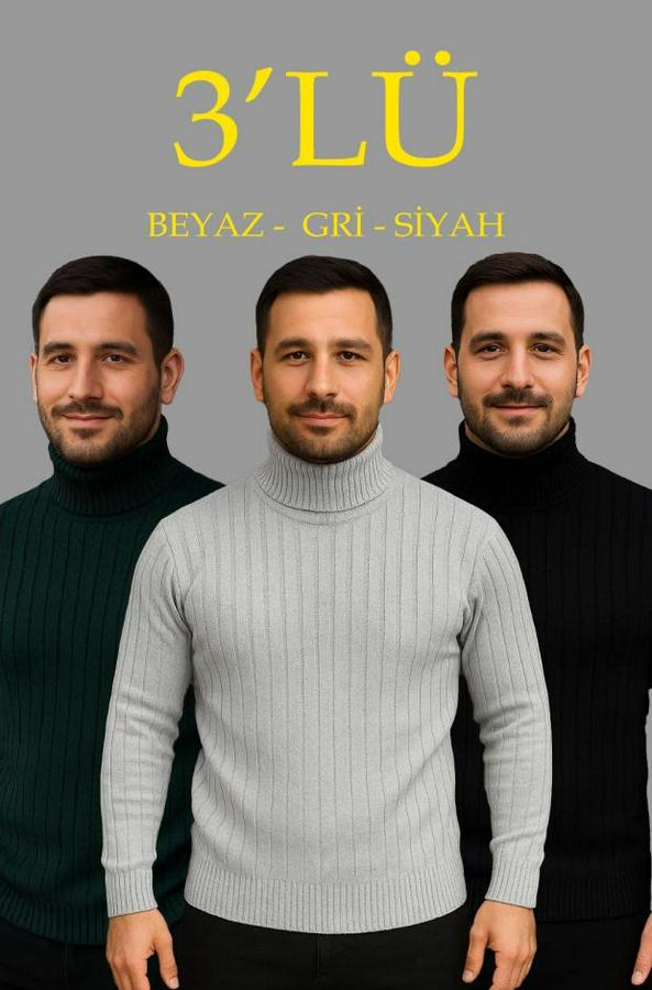 Fitilli Triko Kazak 3lü Set Gri Haki Siyah Regular Balıkcı Yaka Tam Boğazlı Triko Seti Modeli Kazak