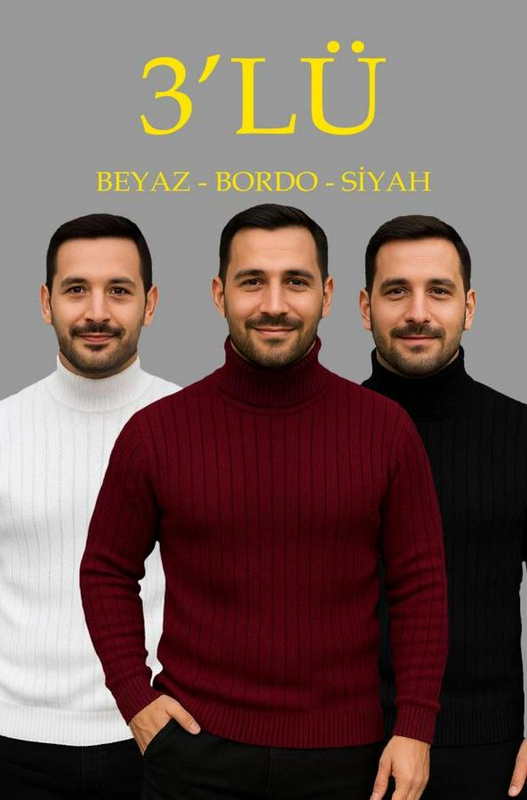 Fitilli Triko Kazak 3lü Set Beyaz Bordo Siyah Regular Balıkcı Yaka Tam Boğazlı Triko Seti Modeli Kazak