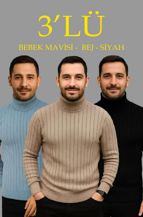 Fitilli Triko Kazak 3lü Set Bebek Mavisi Bej Siyah Regular Balıkcı Yaka Tam Boğazlı Triko Seti Modeli Kazak