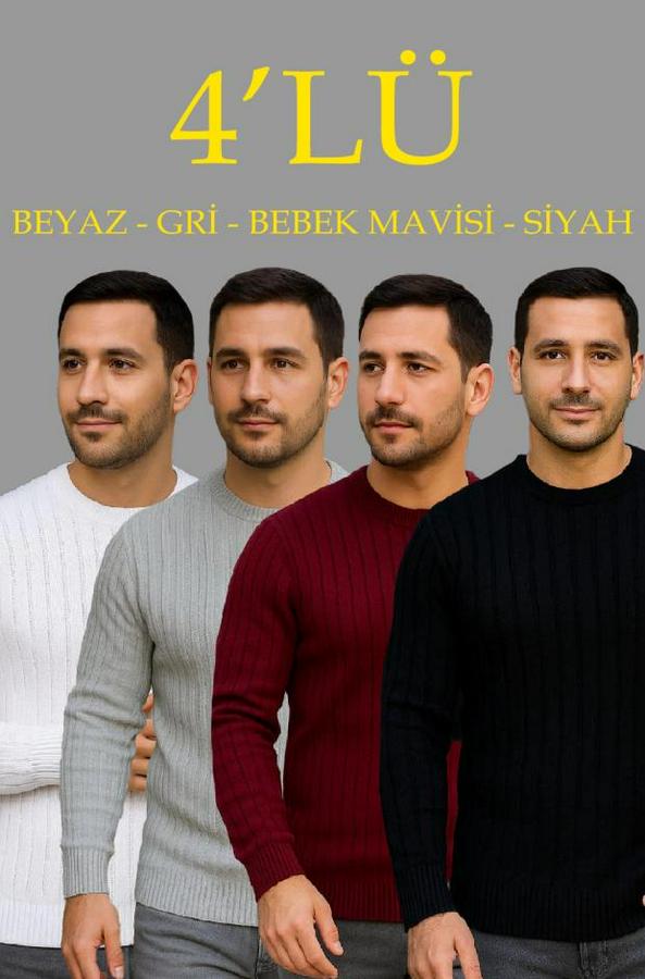 Fitilli Triko Kazak 4’lü Set – Beyaz, Bordo, Gri, Siyah  Kalın Dokuma Pamuklu Regular Fit Bisiklet Yaka Uzun Kollu Kışlık Ve Baharlık Rahat Triko Komb