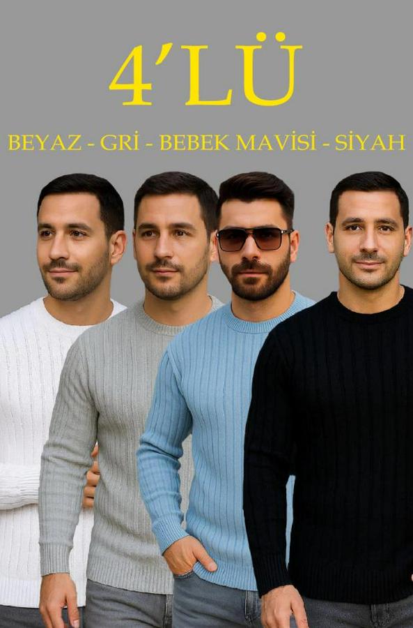 Fitilli Triko Kazak 4’lü Set – Beyaz, Bebek Mavisi, Gri, Siyah  Kalın Dokuma Pamuklu Regular Fit Bisiklet Yaka Uzun Kollu Kışlık Ve Baharlık Rahat Tri
