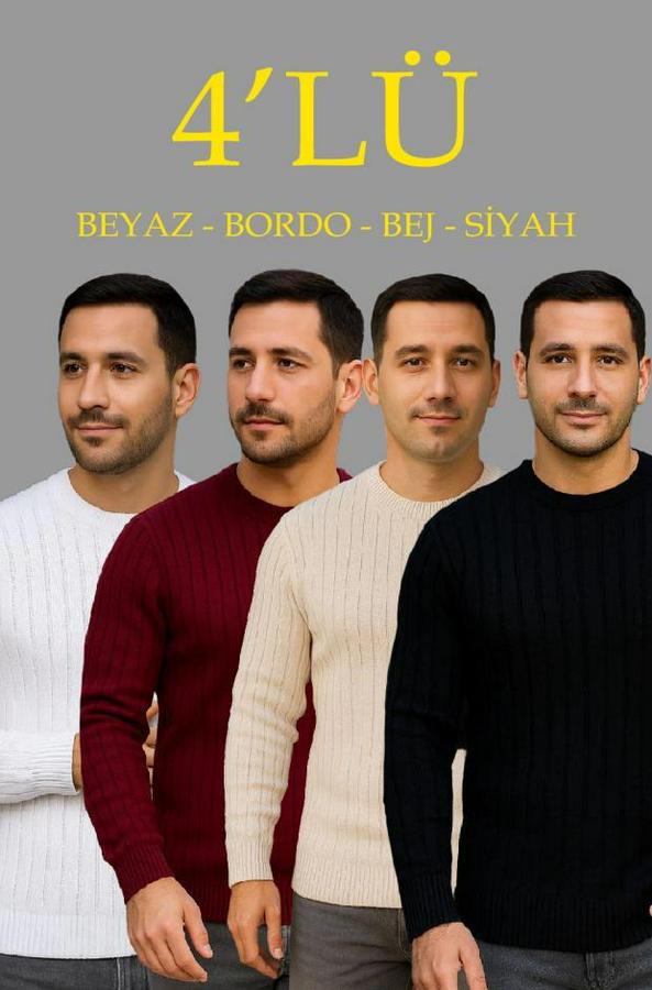 Fitilli Triko Kazak 4’lü Set – Beyaz, Bordo, Gri, Siyah  Kalın Dokuma Pamuklu Regular Fit Bisiklet Yaka Uzun Kollu Kışlık Ve Baharlık Rahat Triko Komb