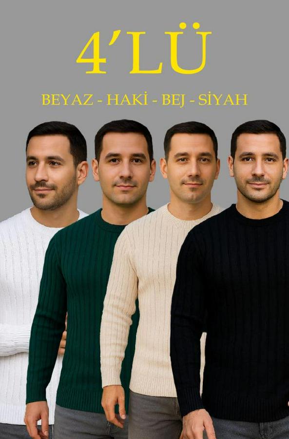 Fitilli Triko Kazak 4’lü Set – Beyaz, Haki, Bej, Siyah  Kalın Dokuma Pamuklu Regular Fit Bisiklet Yaka Uzun Kollu Kışlık Ve Baharlık Rahat Triko Kombi