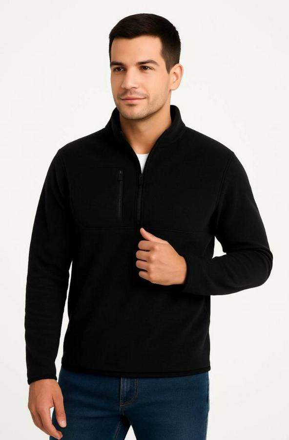 Polar Kazak – Dik Yaka, Yarım Fermuarlı, Fermuarlı Göğüs Cepli, Siyah Biyeli, Kışlık Rahat Regular Fit Günlük Model