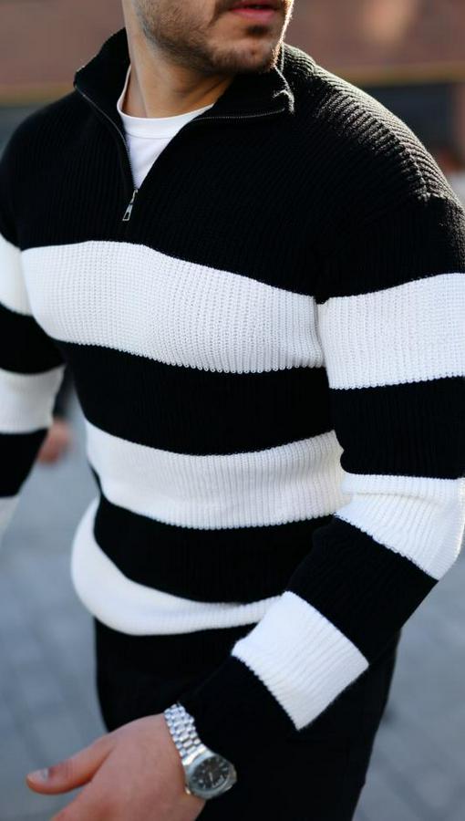 Şerit Renk Desenli Zip Yaka Kazak