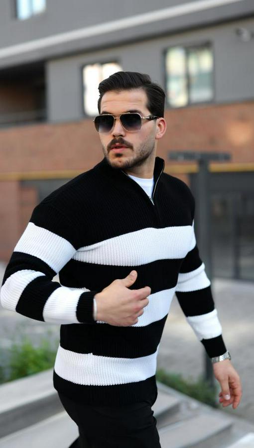 Şerit Renk Desenli Zip Yaka Kazak