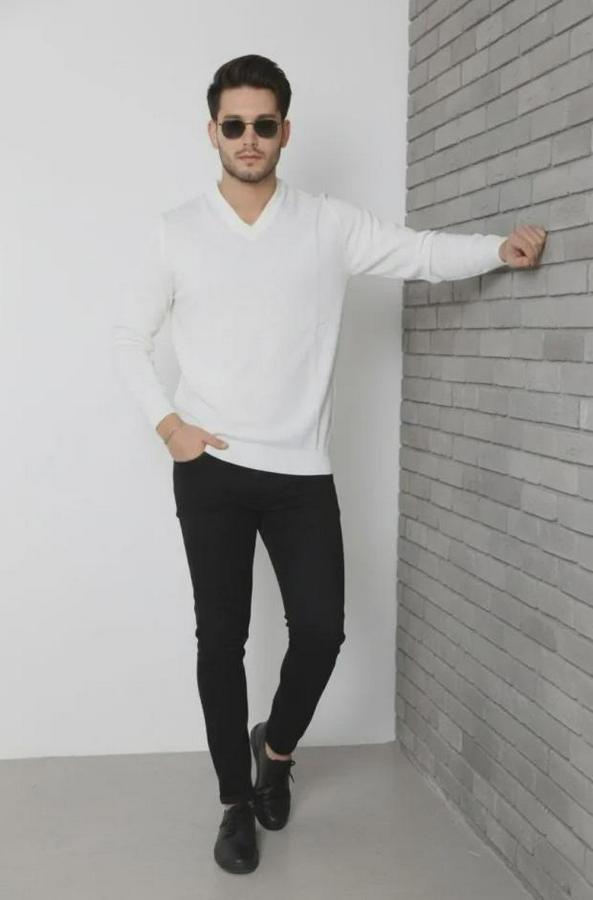 V Yaka Triko Kazak Yumuşak Dokulu Pamuklu Ince Dokuma, Uzun Kollu Rahat Regular Kalıp