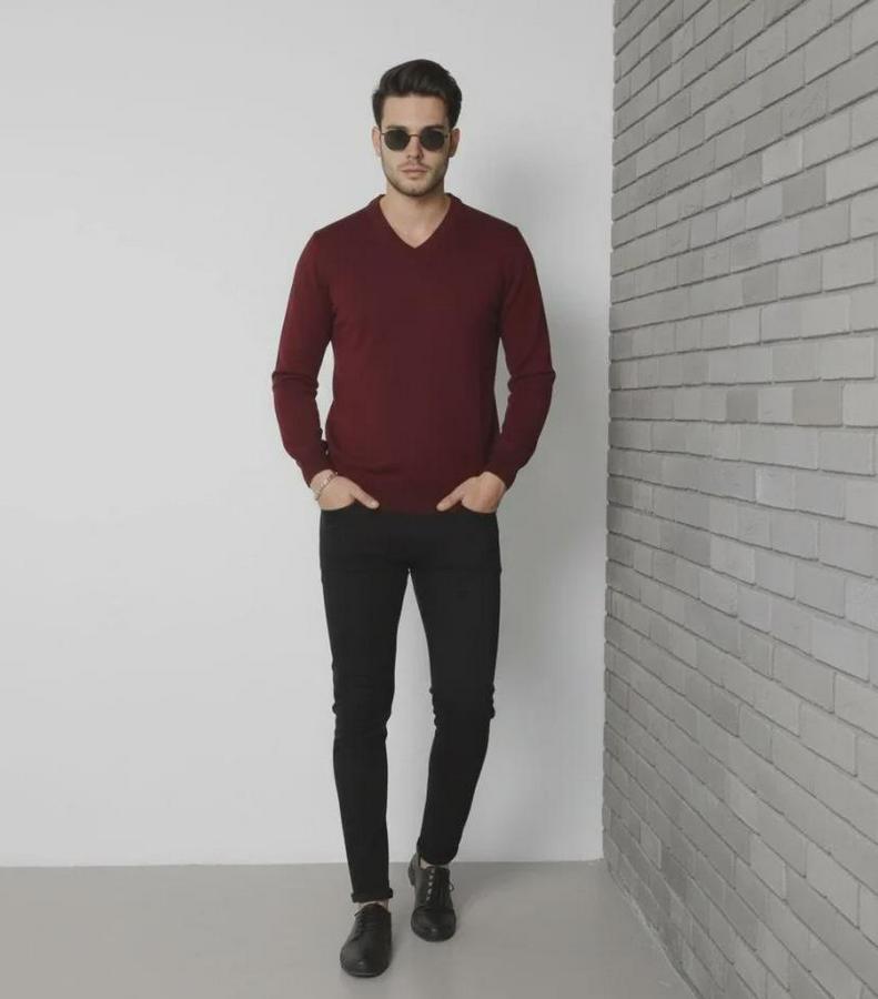 V Yaka Triko Kazak Yumuşak Dokulu Pamuklu Ince Dokuma, Uzun Kollu Rahat Regular Kalıp