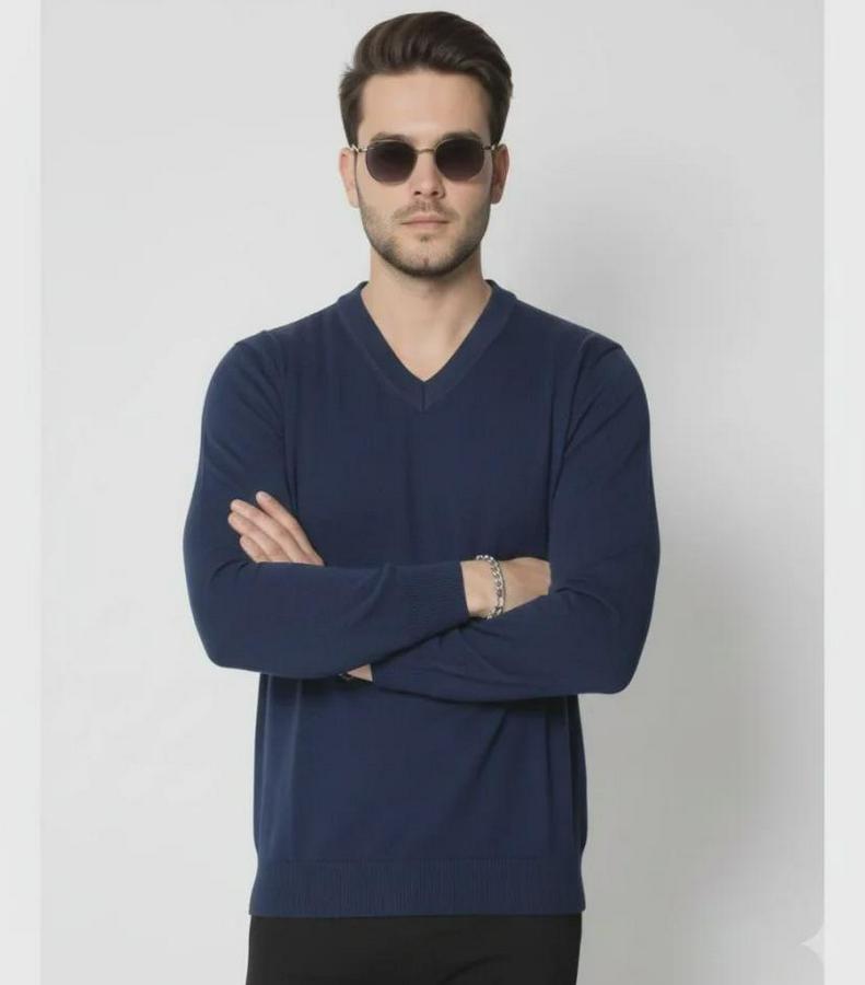 V Yaka Triko Kazak Yumuşak Dokulu Pamuklu Ince Dokuma, Uzun Kollu Rahat Regular Kalıp