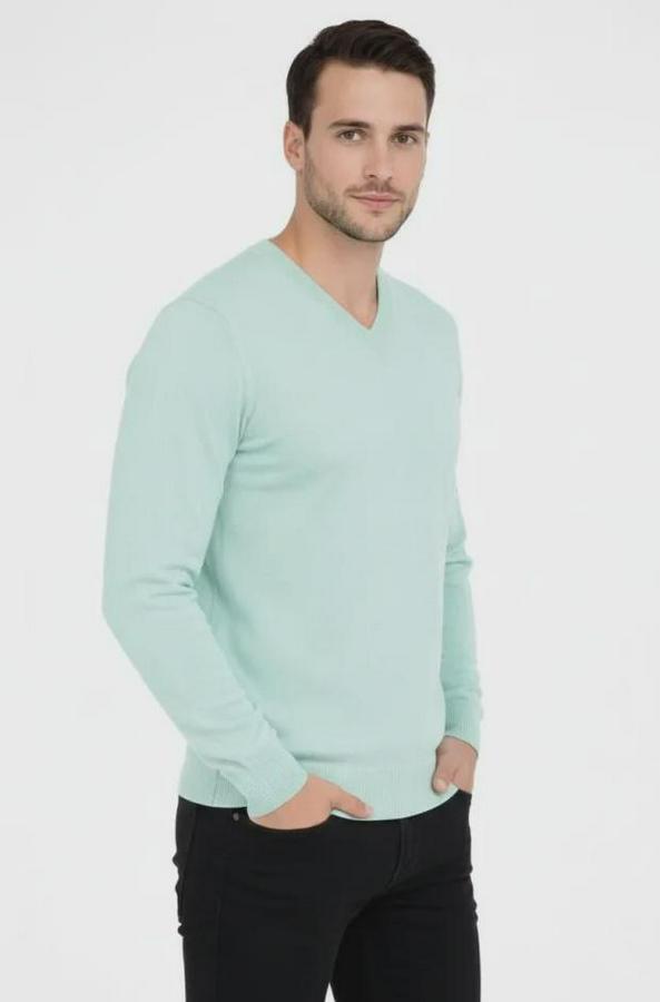 V Yaka Triko Kazak Yumuşak Dokulu Pamuklu Ince Dokuma, Uzun Kollu Rahat Regular Kalıp