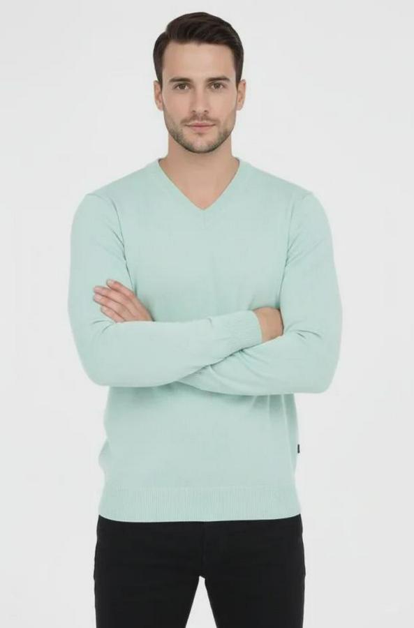 V Yaka Triko Kazak Yumuşak Dokulu Pamuklu Ince Dokuma, Uzun Kollu Rahat Regular Kalıp