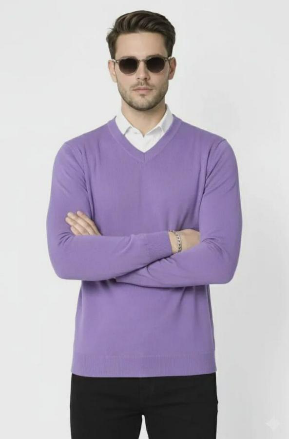 V Yaka Triko Kazak Yumuşak Dokulu Pamuklu Ince Dokuma, Uzun Kollu Rahat Regular Kalıp