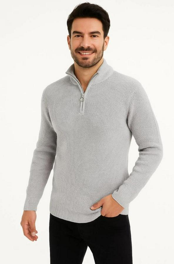 Yarım Fermuarlı Triko Kazak – Selanik Örgü, Dik Yaka, Pamuklu Dokuma, Regular Fit Uzun Kollu Kışlık Model