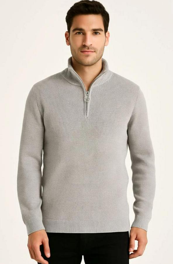 Yarım Fermuarlı Triko Kazak – Selanik Örgü, Dik Yaka, Pamuklu Dokuma, Regular Fit Uzun Kollu Kışlık Model