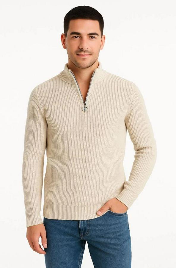 Yarım Fermuarlı Triko Kazak – Selanik Örgü, Dik Yaka, Pamuklu Dokuma, Regular Fit Uzun Kollu Kışlık Model