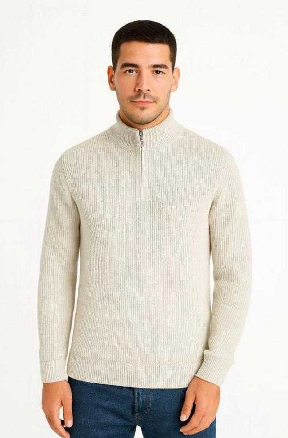 Yarım Fermuarlı Triko Kazak – Selanik Örgü, Dik Yaka, Pamuklu Dokuma, Regular Fit Uzun Kollu Kışlık Model