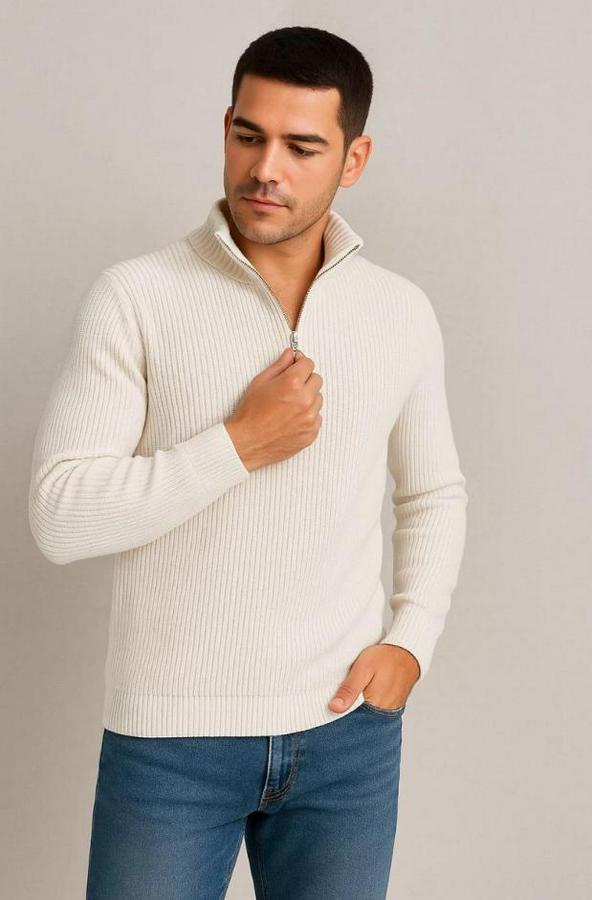 Yarım Fermuarlı Triko Kazak – Selanik Örgü, Dik Yaka, Pamuklu Dokuma, Regular Fit Uzun Kollu Kışlık Model