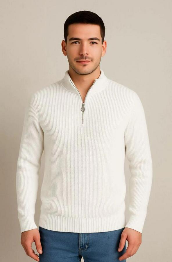 Yarım Fermuarlı Triko Kazak – Selanik Örgü, Dik Yaka, Pamuklu Dokuma, Regular Fit Uzun Kollu Kışlık Model