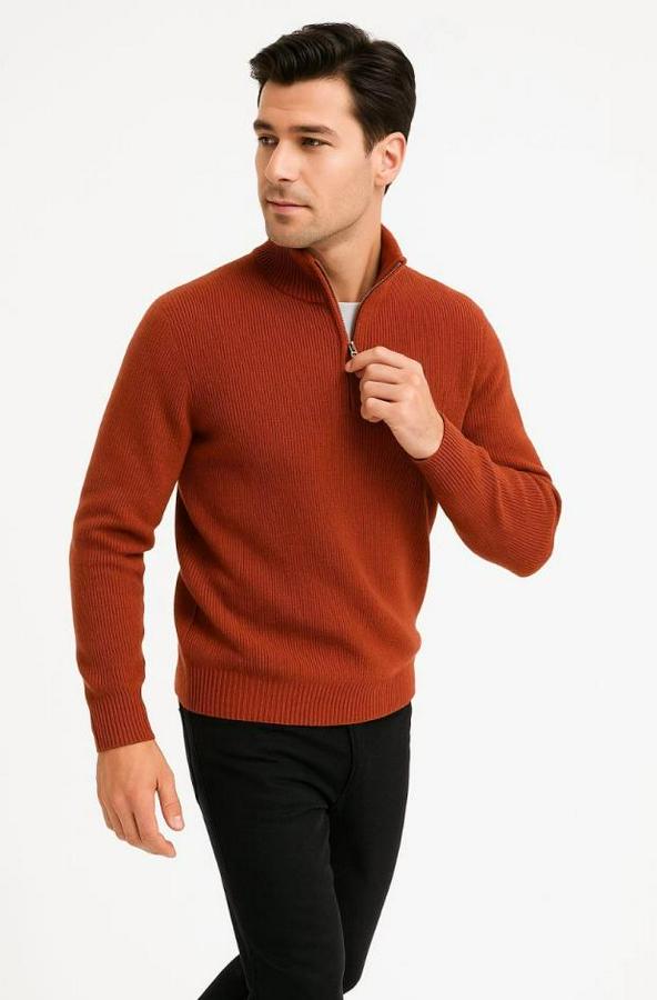 Yarım Fermuarlı Triko Kazak – Selanik Örgü, Dik Yaka, Pamuklu Dokuma, Regular Fit Uzun Kollu Kışlık Model