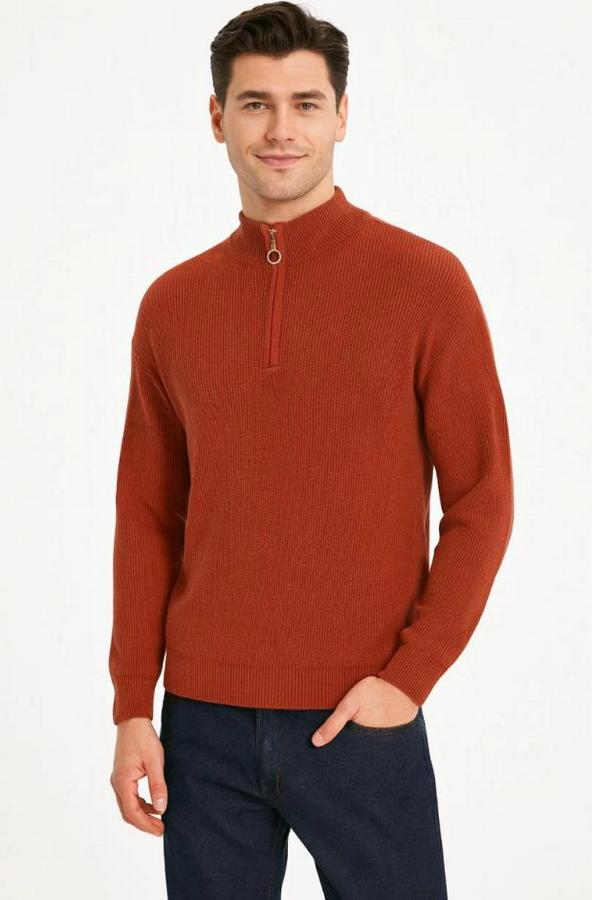 Yarım Fermuarlı Triko Kazak – Selanik Örgü, Dik Yaka, Pamuklu Dokuma, Regular Fit Uzun Kollu Kışlık Model