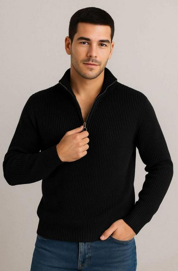 Yarım Fermuarlı Triko Kazak – Selanik Örgü, Dik Yaka, Pamuklu Dokuma, Regular Fit Uzun Kollu Kışlık Model