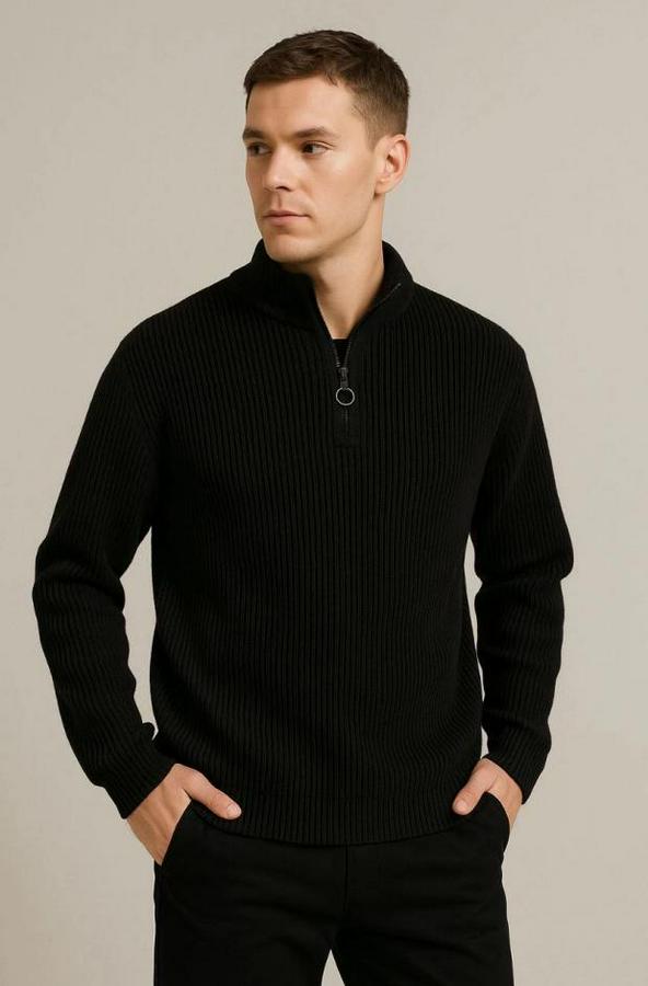 Yarım Fermuarlı Triko Kazak – Selanik Örgü, Dik Yaka, Pamuklu Dokuma, Regular Fit Uzun Kollu Kışlık Model