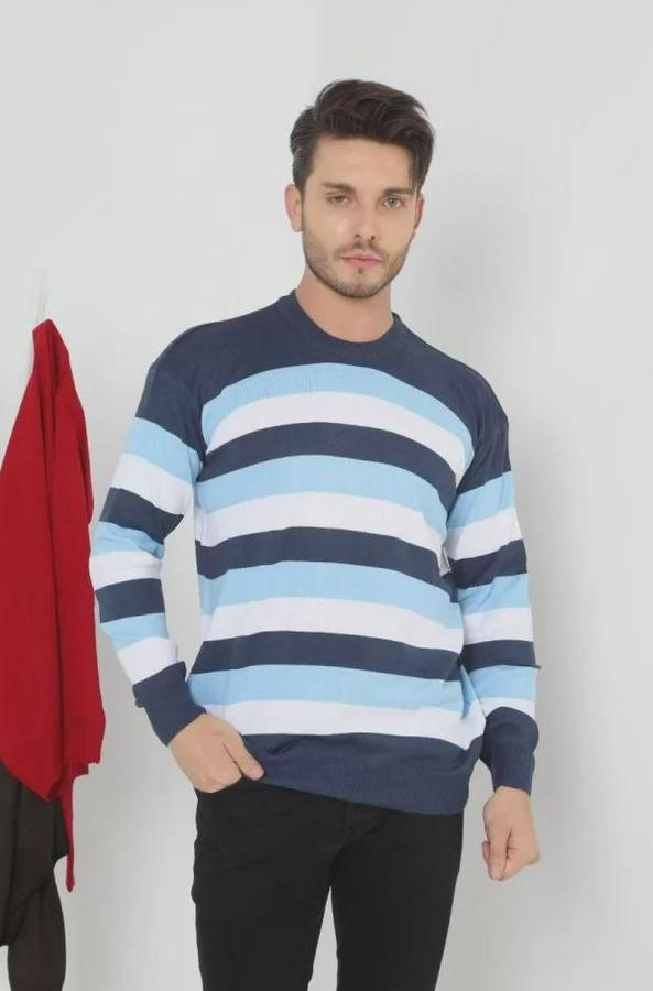 Unisex Kalın Çizgili Bisiklet Yaka Triko Kazak