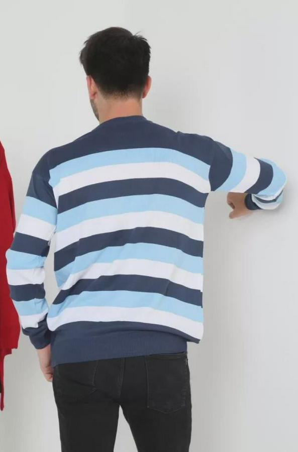 Unisex Kalın Çizgili Bisiklet Yaka Triko Kazak