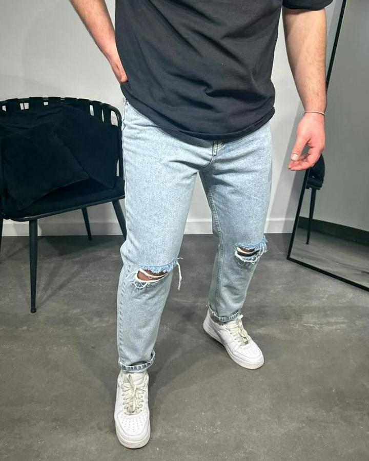 Buz Mavi Yırtık Detaylı Boyfriend Kalıp Jeans