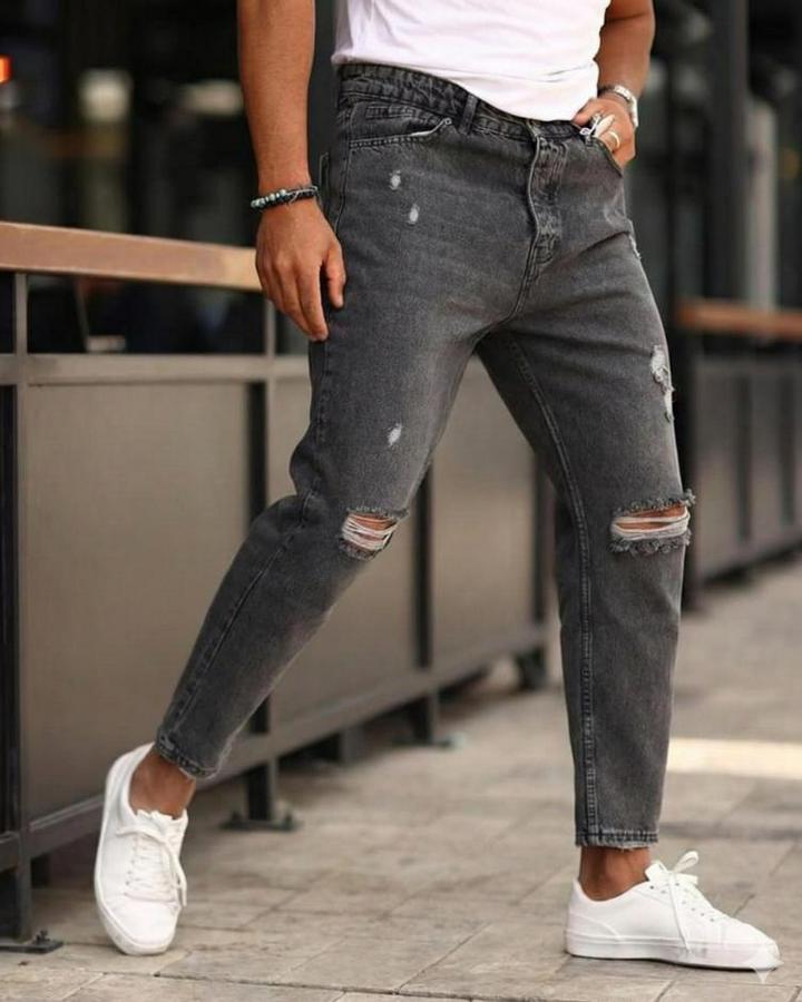 Koyu Gri Yırtık Detaylı Boyfriend Jean 