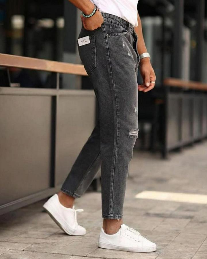 Koyu Gri Yırtık Detaylı Boyfriend Jean 