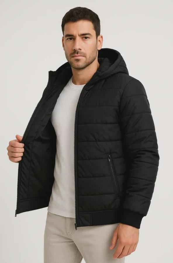 Şişme Kapüşonlu Fermuarlı Mont Su Itici Kapitone Astarlı Kumaş Cepli Kışlık Rahat Kalıp