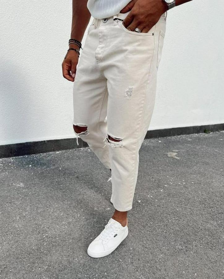 Açık Krem Yırtık Detaylı Boyfriend Jean