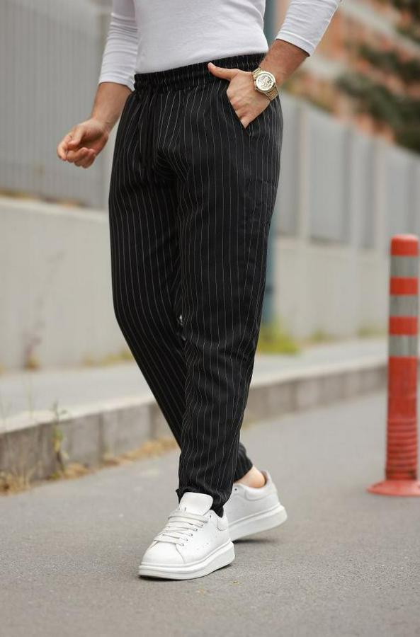 Beli Bağcıklı Çizgili Pantolon