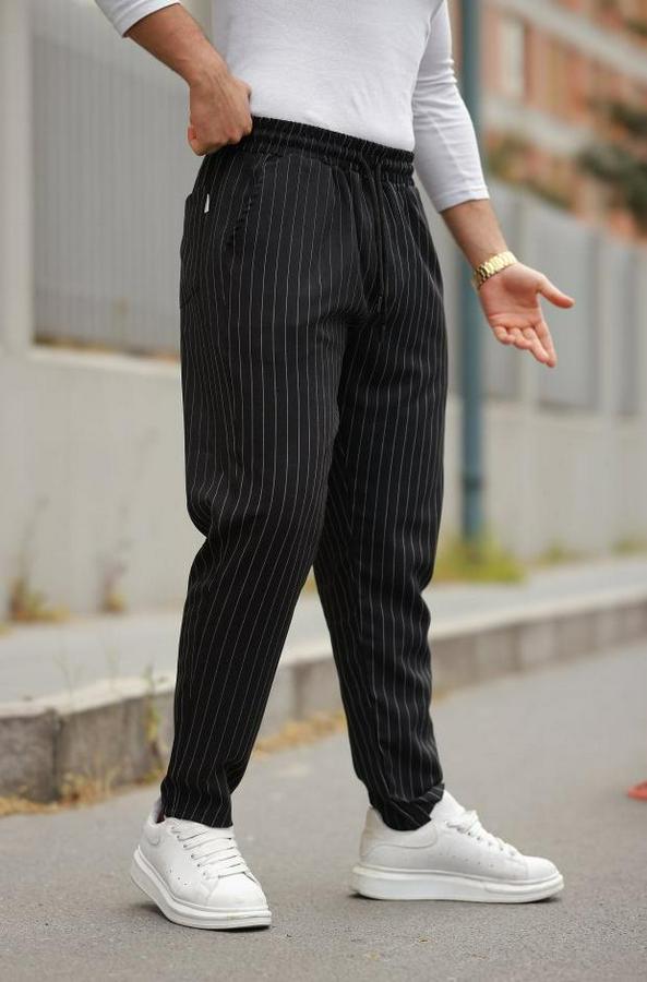 Beli Bağcıklı Çizgili Pantolon