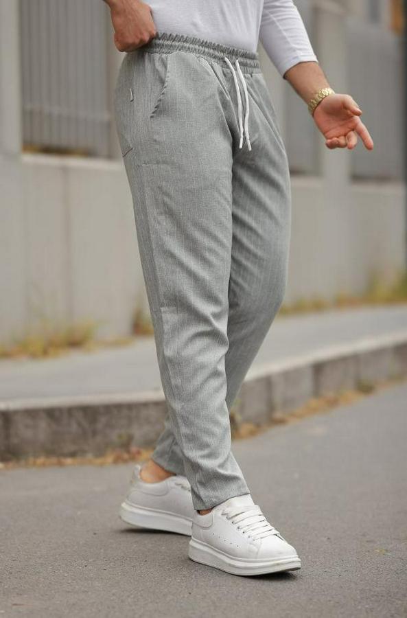 Beli Bağcıklı Çizgili Pantolon