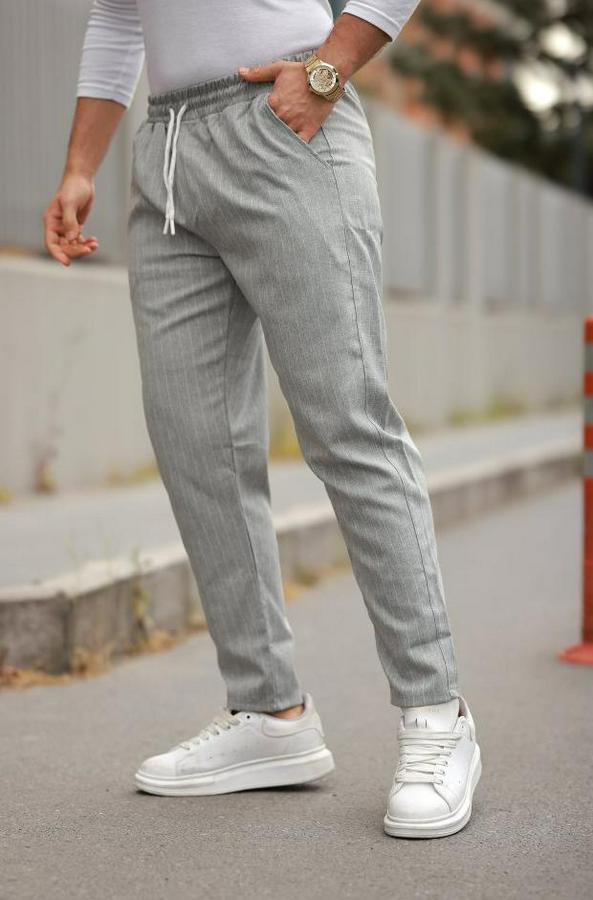 Beli Bağcıklı Çizgili Pantolon