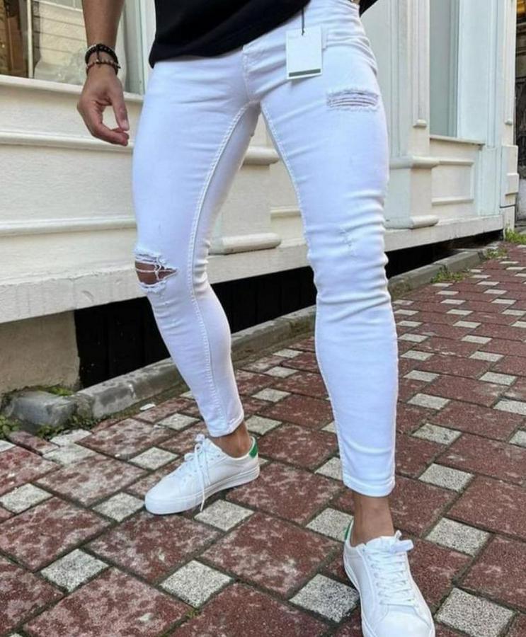 Beyaz Yırtık Detaylı Skinny Jean