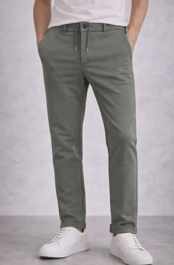 Diagonel Mikro Dokulu Duble Paça Cepli Pantolon Bağcıklı Bel, Modern Kesim