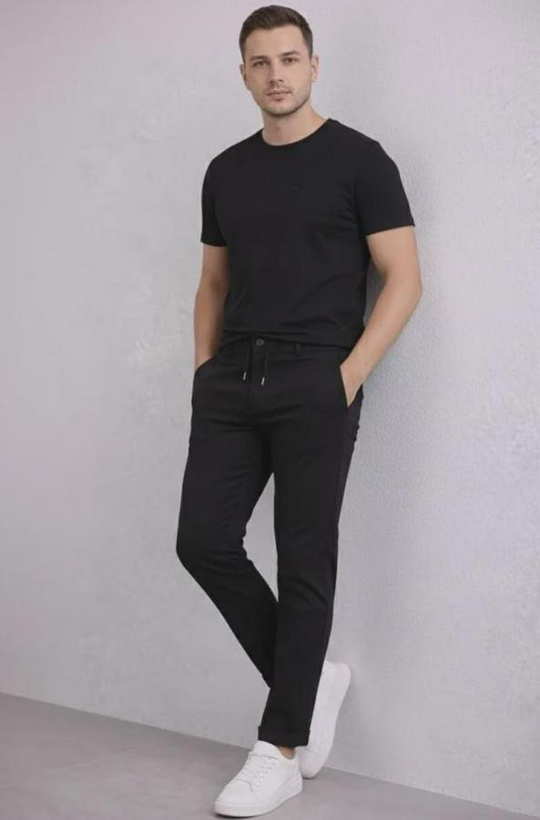 Diagonel Mikro Dokulu Duble Paça Cepli Pantolon Bağcıklı Bel, Modern Kesim