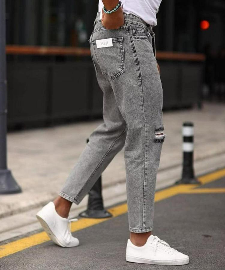 Gri Yıkama Yırtık Detaylı Boyfriend Jean