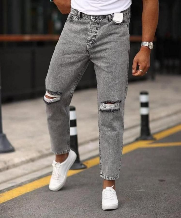 Gri Yıkama Yırtık Detaylı Boyfriend Jean