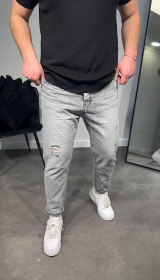 Gri Yırtık Detaylı Boyfriend Jean