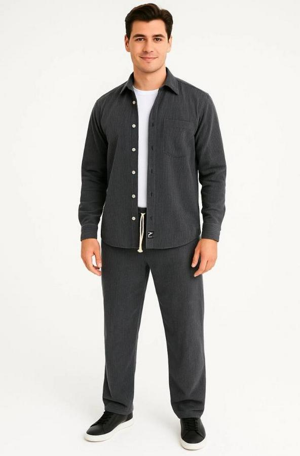 Kadife Oversize Takım – Gömlek Ve Pantolon Ikili Set Füme Corduroy Şıklığı, Rahat Ve Zarif Duruş Yumuşak Dokulu Kadife Kumaş, Düğmeli Gömlek Üst Ve La