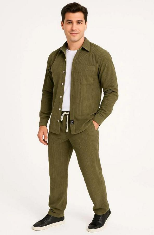 Kadife Oversize Takım – Gömlek Ve Pantolon Ikili Set Füme Corduroy Şıklığı, Rahat Ve Zarif Duruş Yumuşak Dokulu Kadife Kumaş, Düğmeli Gömlek Üst Ve La