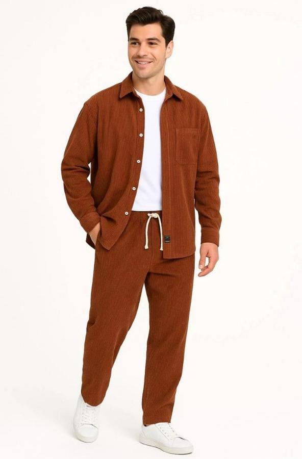 Kadife Oversize Takım – Gömlek Ve Pantolon Ikili Set Füme Corduroy Şıklığı, Rahat Ve Zarif Duruş Yumuşak Dokulu Kadife Kumaş, Düğmeli Gömlek Üst Ve La