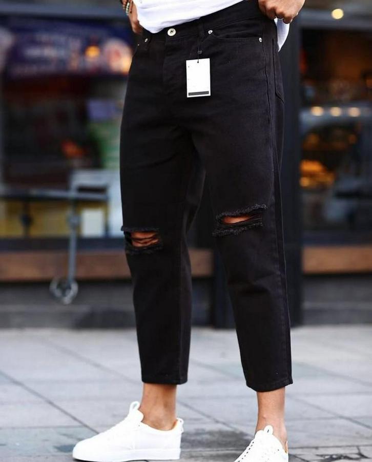 Siyah Dizi Yırtık Boyfriend Jean