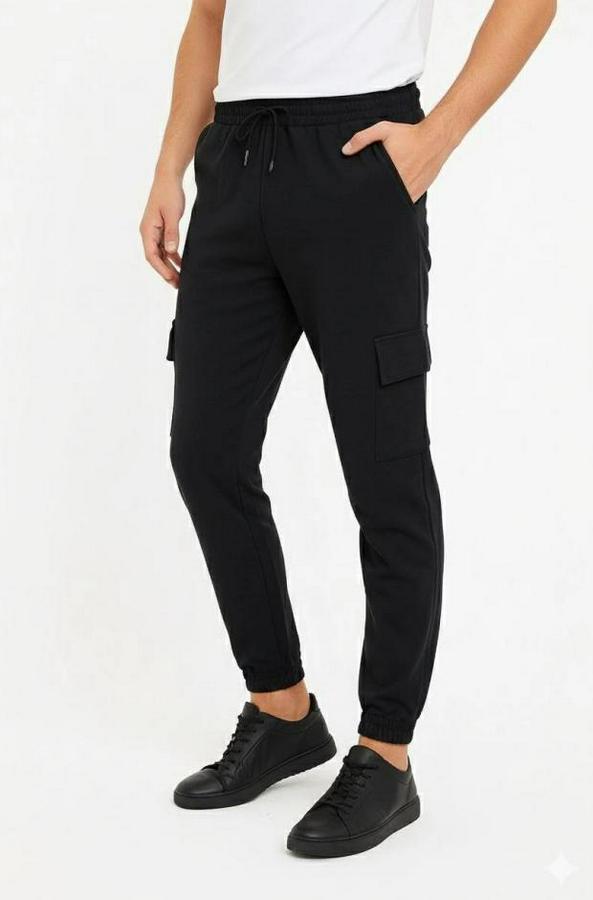 Siyah Jogger Eşofman Altı Rahat Kalıp, Kargo Cepli, Lastikli Paça, Günlük Spor Pantolon