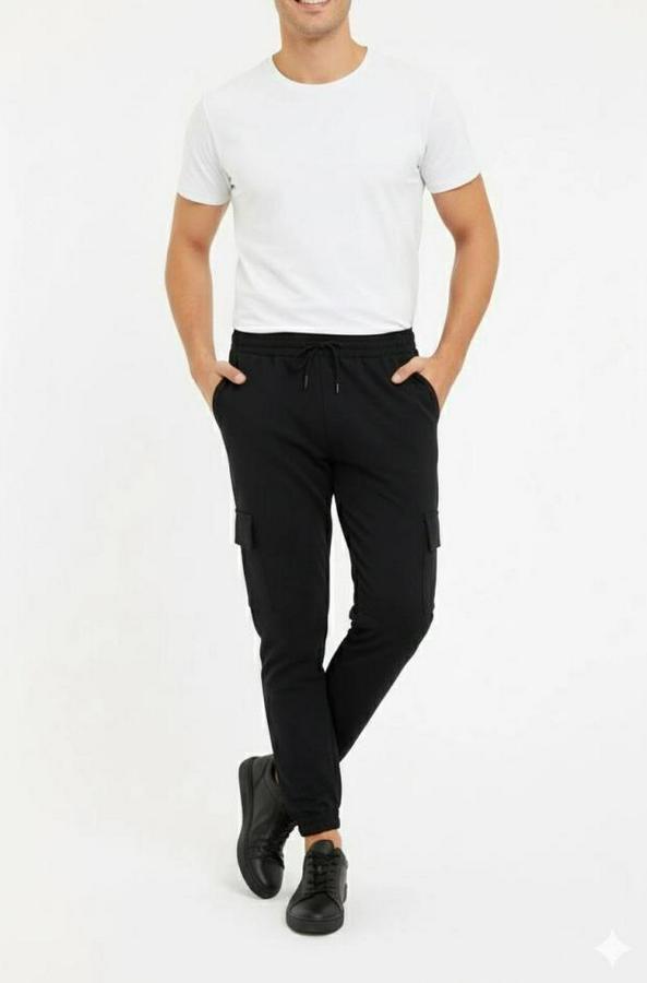 Siyah Jogger Eşofman Altı Rahat Kalıp, Kargo Cepli, Lastikli Paça, Günlük Spor Pantolon